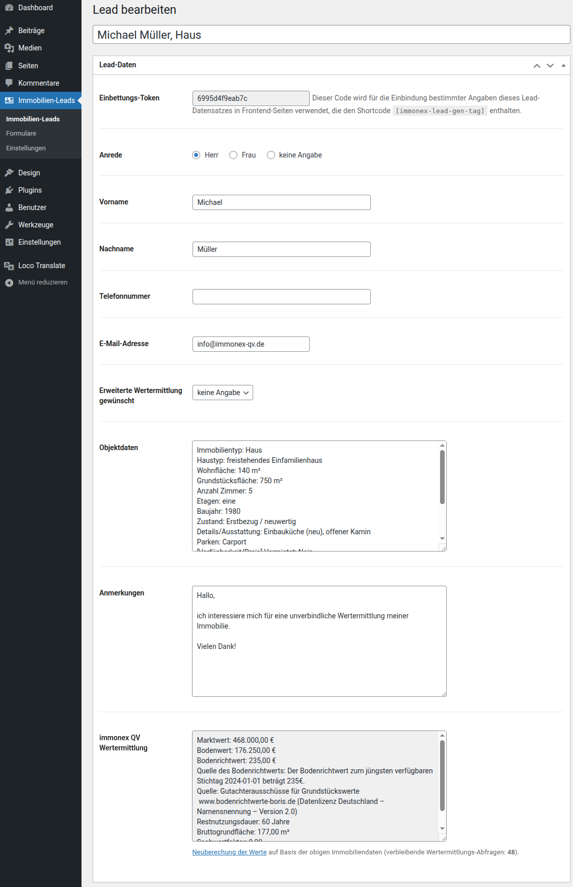 Ansicht im WordPress-Backend